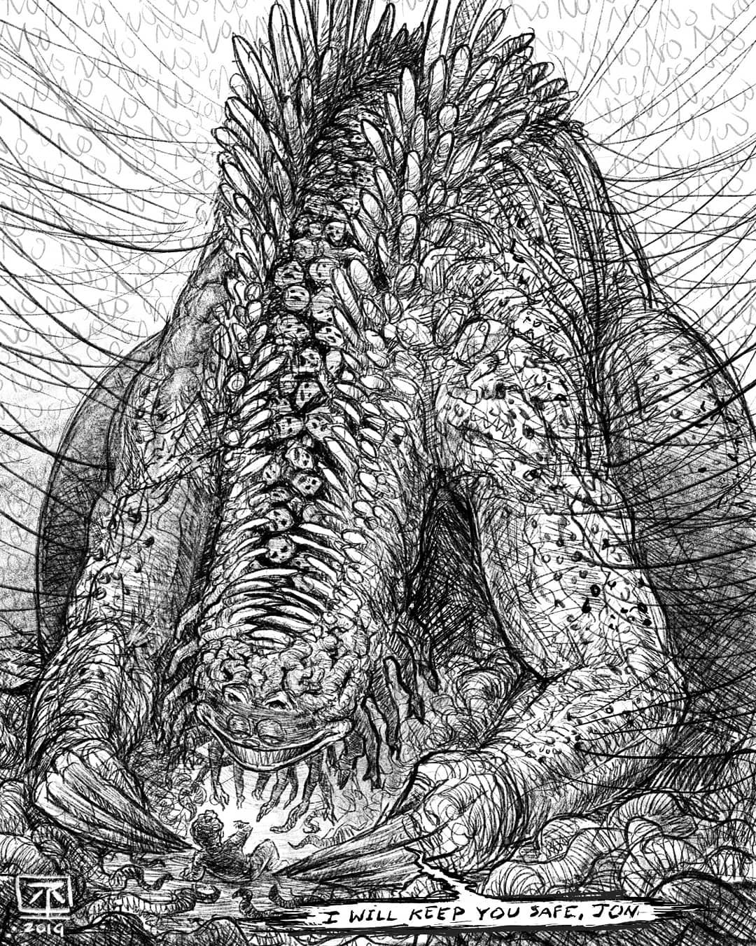1boy 2019 animal_ears body_horror cat cat_ears dated eldritch_abomination evil_smile extra_faces fingernails garfield garfield_(character) graphite_(medium) greyscale highres horrified horror_(theme) jon_arbuckle jr_(jarsarts) leaning_forward looking_at_another looking_down lying monochrome on_back sharp_fingernails simple_background smile speech_bubble spikes traditional_media wire
