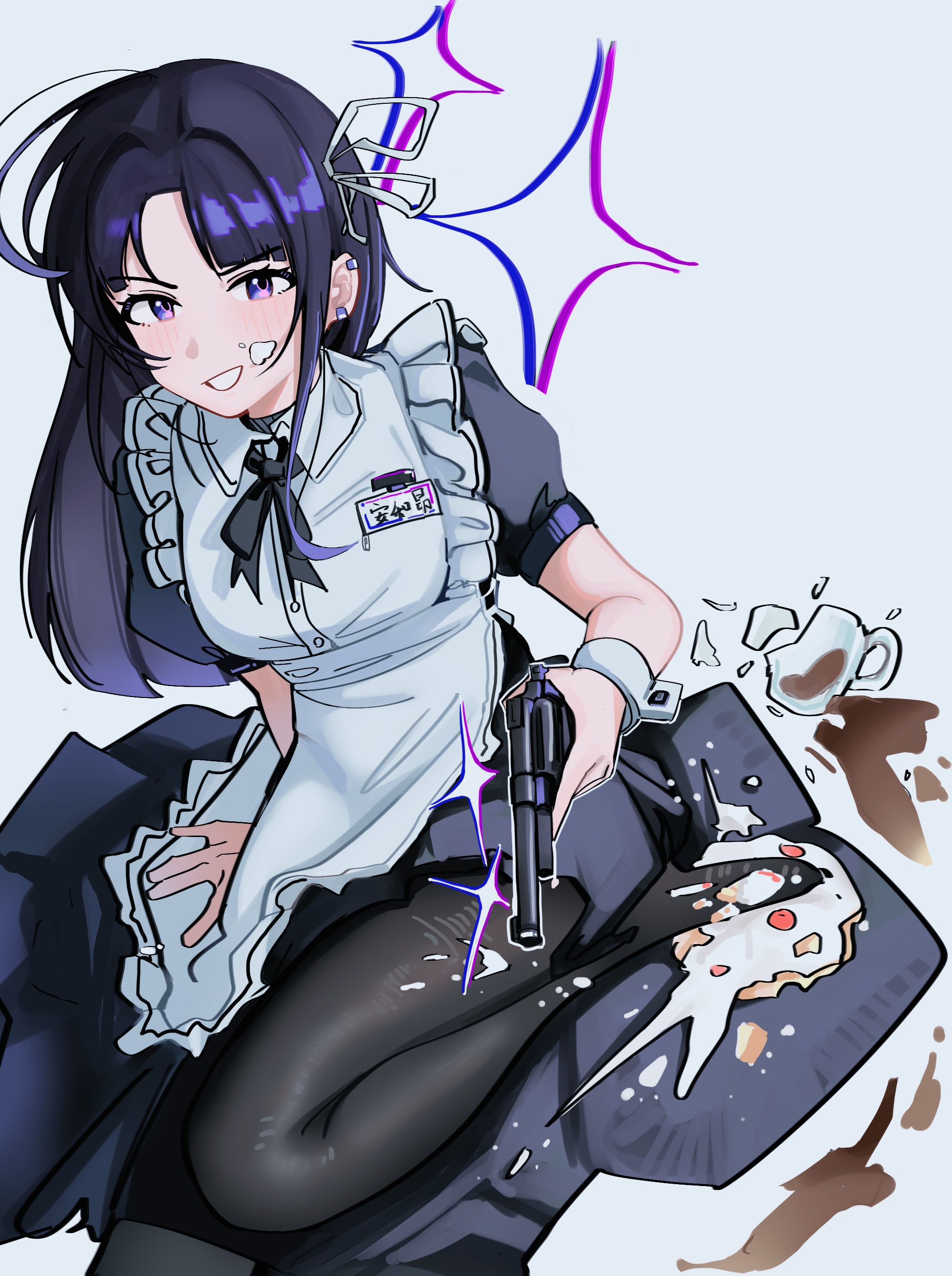 1girl absurdres awa_subaru black_dress black_hair black_pantyhose black_ribbon blush broken_cup commentary dress earclip food food_on_face girls_band_cry gun haidao_mao hair_ribbon handgun highres holding holding_gun holding_weapon long_hair looking_at_viewer maid name_tag neck_ribbon open_mouth outline pantyhose parted_bangs puffy_short_sleeves puffy_sleeves purple_eyes revolver ribbon short_sleeves sidelocks solo sparkle translated weapon white_outline white_ribbon white_wrist_cuffs wrist_cuffs