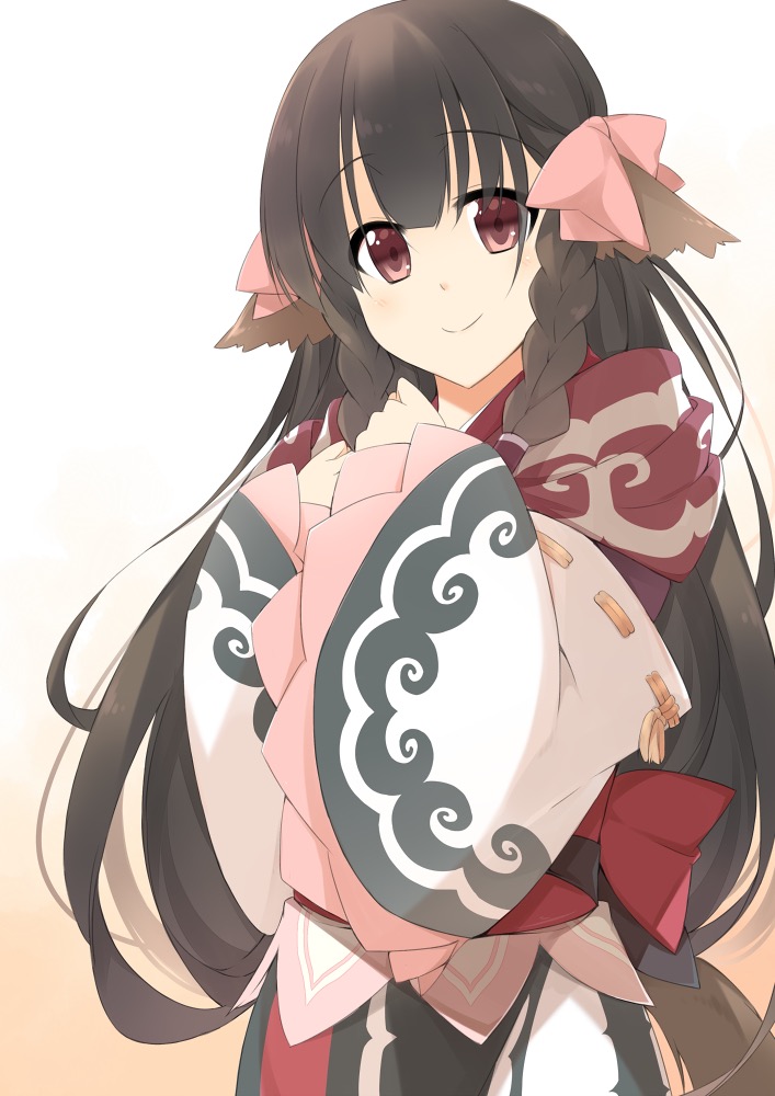 1girl ainu_clothes animal_ears black_hair bow braid full_body hair_between_eyes long_hair mitsumi_misato non-web_source red_eyes rulutieh solo twin_braids utawarerumono utawarerumono:_itsuwari_no_kamen