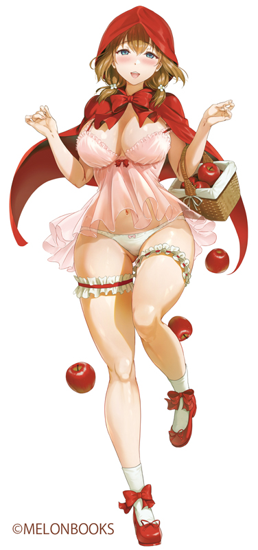 1girl apple basket blue_eyes blush breasts brown_hair camisole cape cleavage commentary_request copyright_notice curvy double-parted_bangs food frilled_thigh_strap fruit full_body girly_running groin holding holding_basket hood hood_up hooded_cape kitiroku large_breasts lingerie little_red_riding_hood_(grimm) looking_at_viewer low_twintails medium_hair melonbooks multicolored_hair narrow_waist navel nightgown open_mouth original panties pink_camisole pink_nightgown red_cape red_shoes running_towards_viewer shoes simple_background smile socks solo standing standing_on_one_leg thigh_strap twintails two-tone_hair underwear updo w_arms walking_towards_viewer white_background white_panties white_socks wide_hips