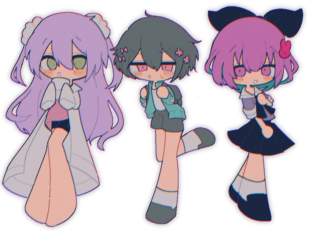3girls :3 :o @_@ backpack bag bare_legs barefoot bike_shorts black_bag black_bow black_hair black_ribbon black_skirt blue_hair blue_jacket blush bow cevio chibi chromatic_aberration coat colored_inner_hair cup flower furrowed_brow green_eyes grey_shorts grey_socks hair_bow hair_flower hair_ornament hair_scrunchie half-closed_eyes hand_on_own_chest holding holding_cup houkago_strategy_(vocaloid) iyowa_girls jacket kurari-chan_(iyowa) kyu-kurarin_(cevio) lab_coat lineup long_hair looking_at_viewer multicolored_hair multiple_girls multiple_hair_bows neck_ribbon nemuri-chan okusuri_nonde_neyou_(vocaloid) open_clothes open_coat open_jacket pink_bow pink_eyes pink_flower pink_hair purple_shirt raised_eyebrows ribbon running sailor_collar school_uniform scrunchie serafuku shiba_inu_(j1piwzrj8xdzywk) shirt shoes short_hair short_shorts short_sleeves shorts simple_background skirt sleeves_past_fingers sleeves_past_wrists socks songover sweatdrop track_jacket two-handed two_side_up v-shaped_eyebrows vocaloid white_background white_sailor_collar