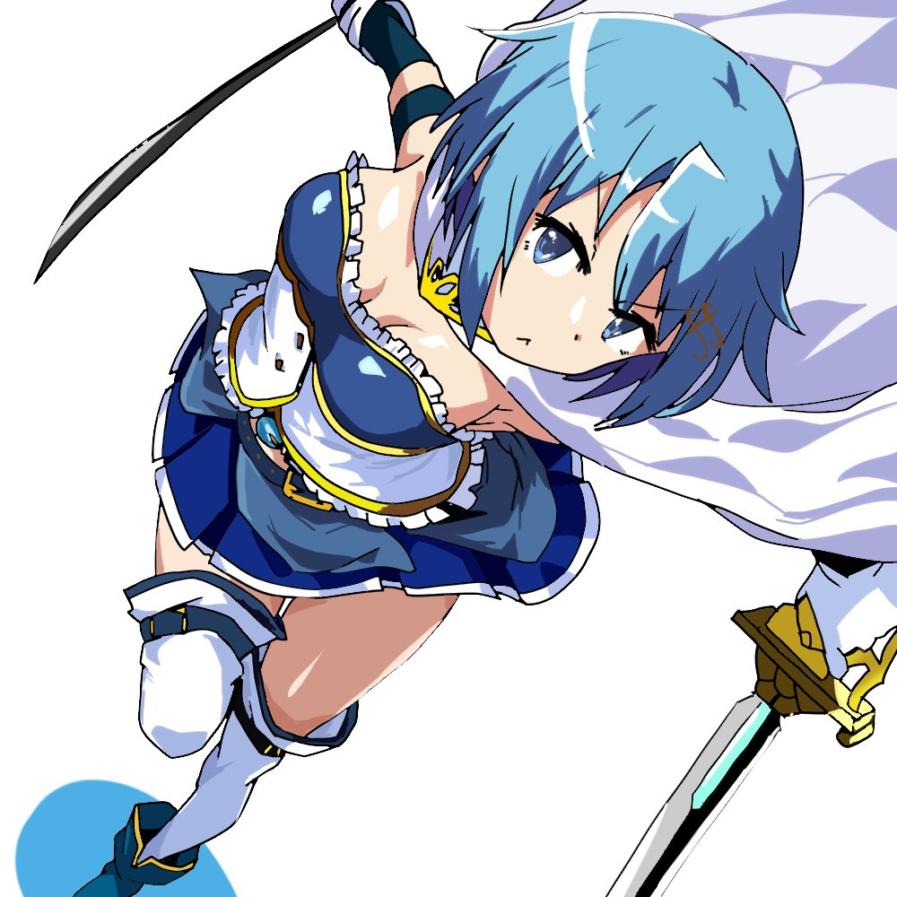 1girl blue_eyes blue_hair breasts cleavage dual_wielding fortissimo holding holding_sword holding_weapon looking_at_viewer magical_girl mahou_shoujo_madoka_magica medium_breasts medium_hair miki_sayaka miki_sayaka_(magical_girl) saber_(weapon) solo strapless sword usavivi777 weapon