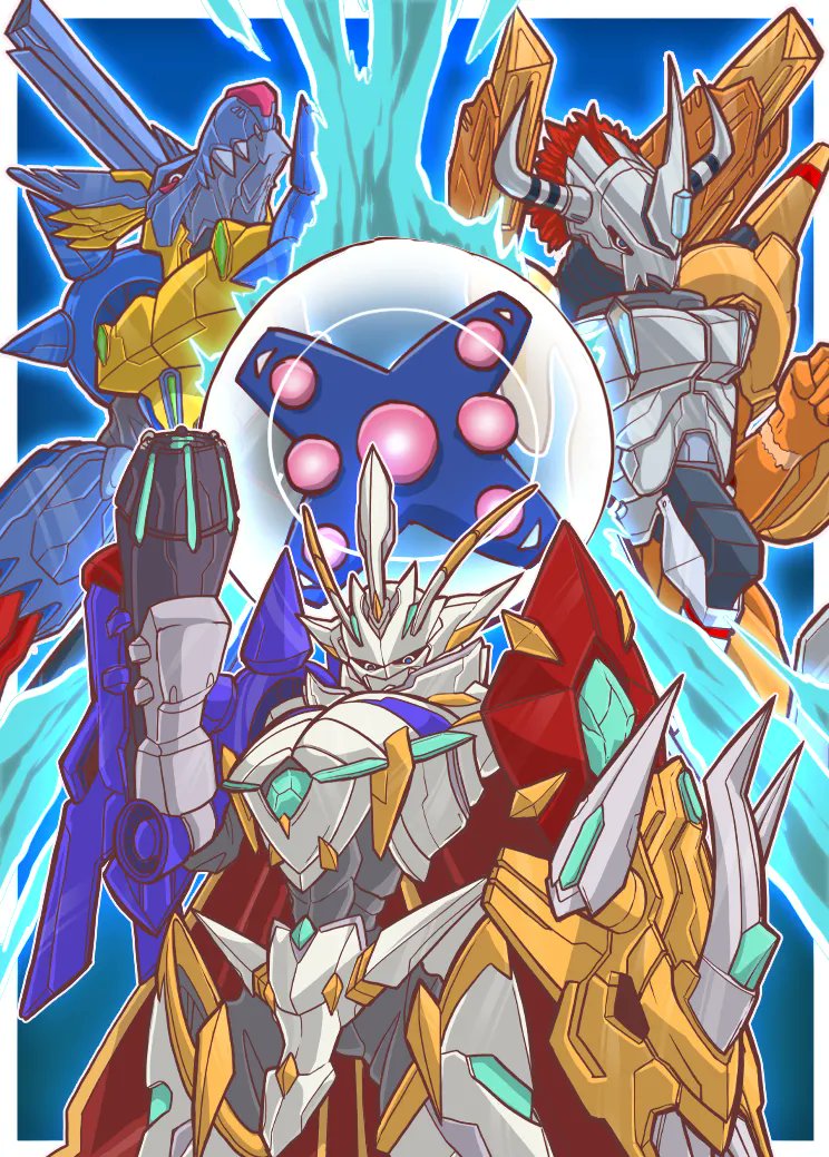 armor cannon cape digimon digimon_(creature) dragon horns metalgarurumon metalgarurumon_x-antibody omegamon omegamon_x-antibody sword wargreymon wargreymon_x-antibody weapon wolf x-antibody