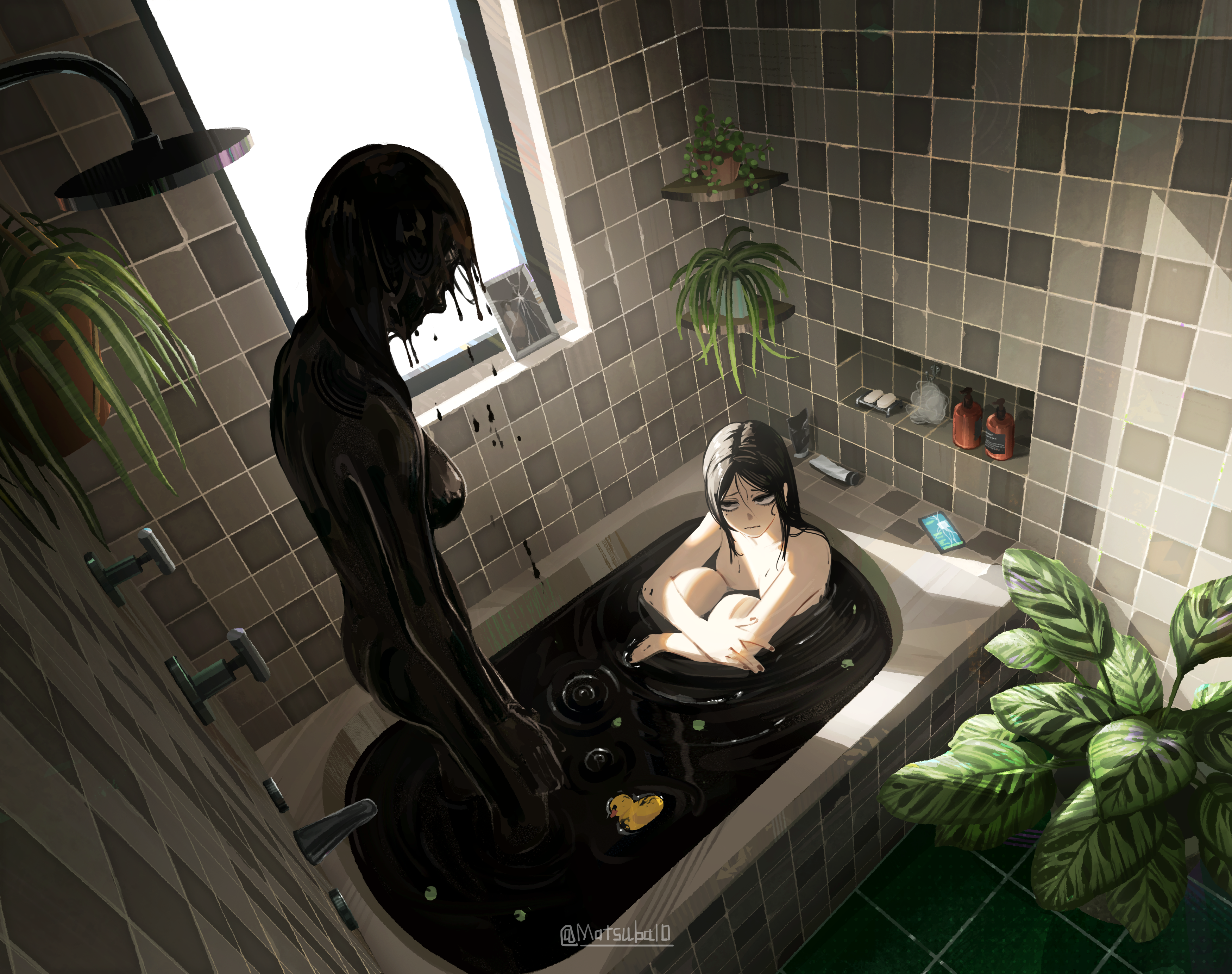 2girls absurdres artist_name bathroom bathtub black_hair black_liquid cellphone commentary_request highres horror_(theme) indoors long_hair matsuba10 monster_girl multiple_girls nude original phone plant potted_plant same-sex_bathing scenery shared_bathing slime_girl smartphone soap_bottle tile_wall tiles twitter_username watermark window