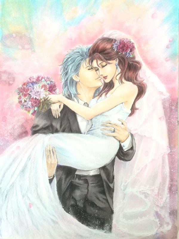 1boy 1girl blue_hair bouquet carrying closed_eyes couple dress earrings flower gradient_background hair_flower hair_ornament hetero hokuto_no_ken jewelry kiss kissing_cheek mamiya_(hokuto_no_ken) multicolored_background necktie princess_carry raruma red_hair rei_(hokuto_no_ken) ring traditional_media tuxedo wedding_band wedding_dress white_dress