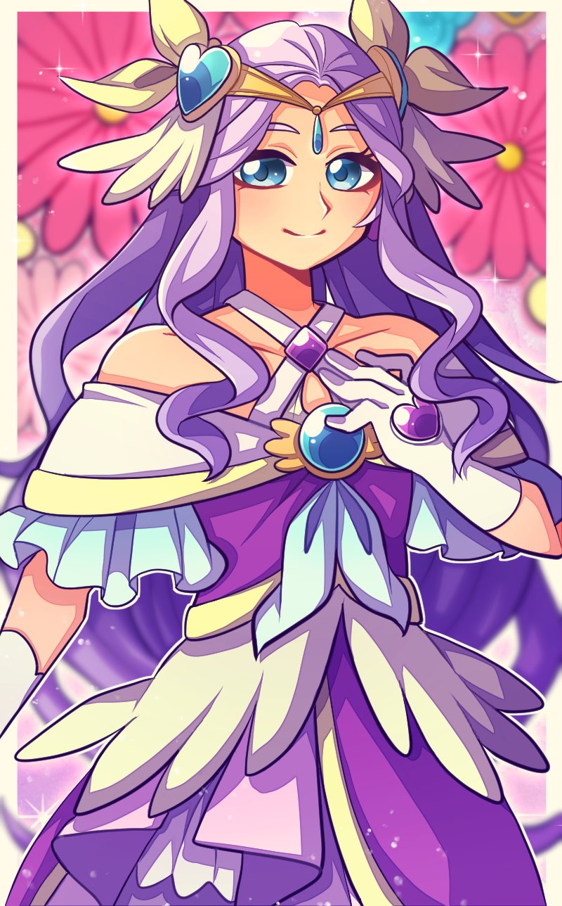 1girl 1jumangoku bare_shoulders blue_bow blue_bowtie blue_eyes border bow bowtie circle closed_mouth collarbone commentary_request cowboy_shot cure_earth dress eyelashes feather_hair_ornament feathers floral_background flower frilled_dress frilled_sleeves frills fuurin_asumi gloves hair_bow hair_ornament hand_on_own_chest healin&#039;_good_precure heart heart_hair_ornament highres light_blush magical_girl outside_border pink_background pink_flower precure purple_dress simple_background smile solo sparkle white_border white_gloves white_sleeves yellow_bow