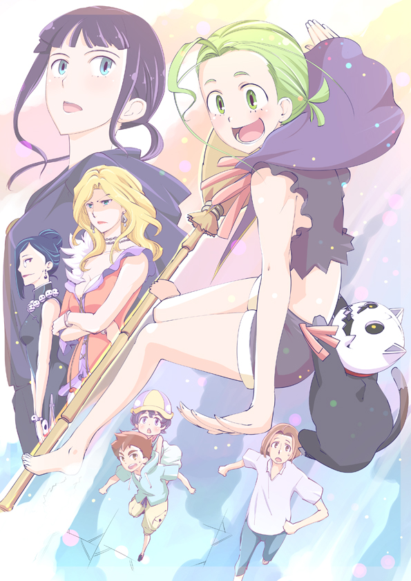 2boys 5girls ahoge bare_shoulders black_hair blonde_hair blue_eyes broom broom_riding broom_surfing brown_eyes brown_hair cape cat character_request crossed_arms dress earrings glasses hat jewelry long_hair majocco_shimai_no_yoyo_to_nene midriff multiple_boys multiple_girls necklace open_mouth outstretched_arms purple_hair running short_hair shorts skull smile spread_arms touge_hiro yellow_eyes yoyo_(majocco_shimai_no_yoyo_to_nene)