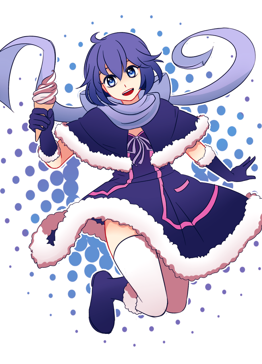 1girl blue_boots blue_bow blue_capelet blue_dress blue_eyes blue_gloves blue_hair boots bow capelet commentary dress elbow_gloves english_commentary food full_body fur-trimmed_boots fur-trimmed_capelet fur-trimmed_dress fur-trimmed_gloves fur_trim genderswap genderswap_(mtf) gloves hair_between_eyes happy highres holding holding_food holding_ice_cream holding_ice_cream_cone ice_cream ice_cream_cone kaiko_(vocaloid) ktokei_(kurokku-tokei) looking_at_viewer open_mouth polka_dot polka_dot_background purple_ribbon ribbon short_dress short_hair simple_background smile solo teeth thighhighs upper_teeth_only vocaloid white_background white_thighhighs