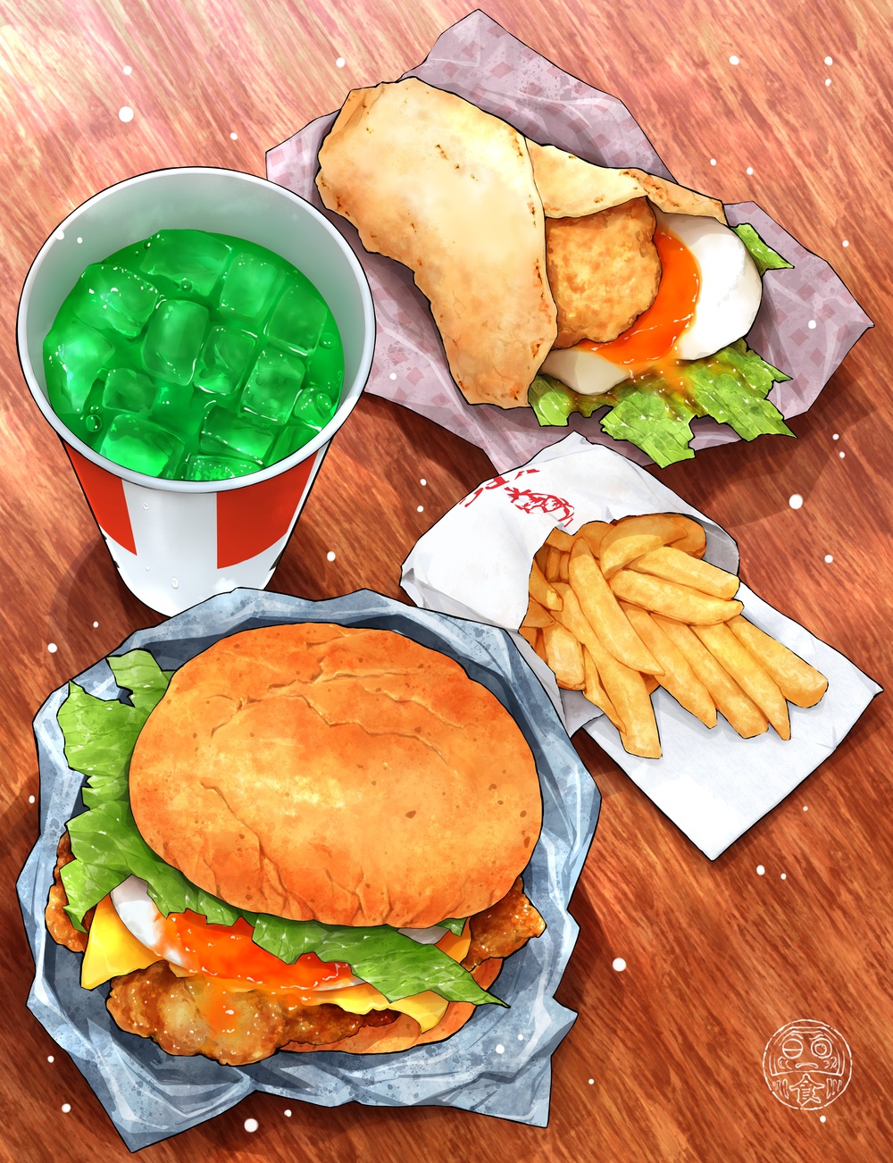 artist_logo burger cheese cup disposable_cup drink egg fast_food food food_focus food_wrapper french_fries from_above highres ice ice_cube lettuce logo meat mixed-language_commentary no_humans ooranokohaku original softboiled_egg table tsukimi wooden_table