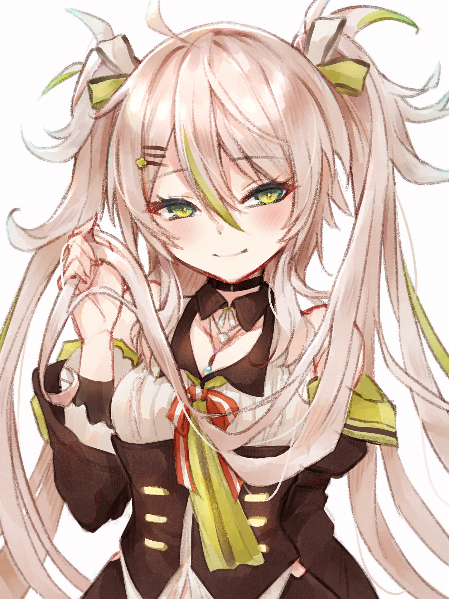 1girl ahoge bare_shoulders blush boots bow breasts camomi_camomi cleavage closed_mouth collarbone diieru female_focus green_bow green_hair green_neckwear hair_bow hair_ornament hairclip highres holding holding_own_hair indie_virtual_youtuber jewelry light_brown_hair long_hair multicolored_hair nanashi_inc. necklace simple_background smile solo streaked_hair twintails upper_body v_ap_art very_long_hair virtual_youtuber white_background