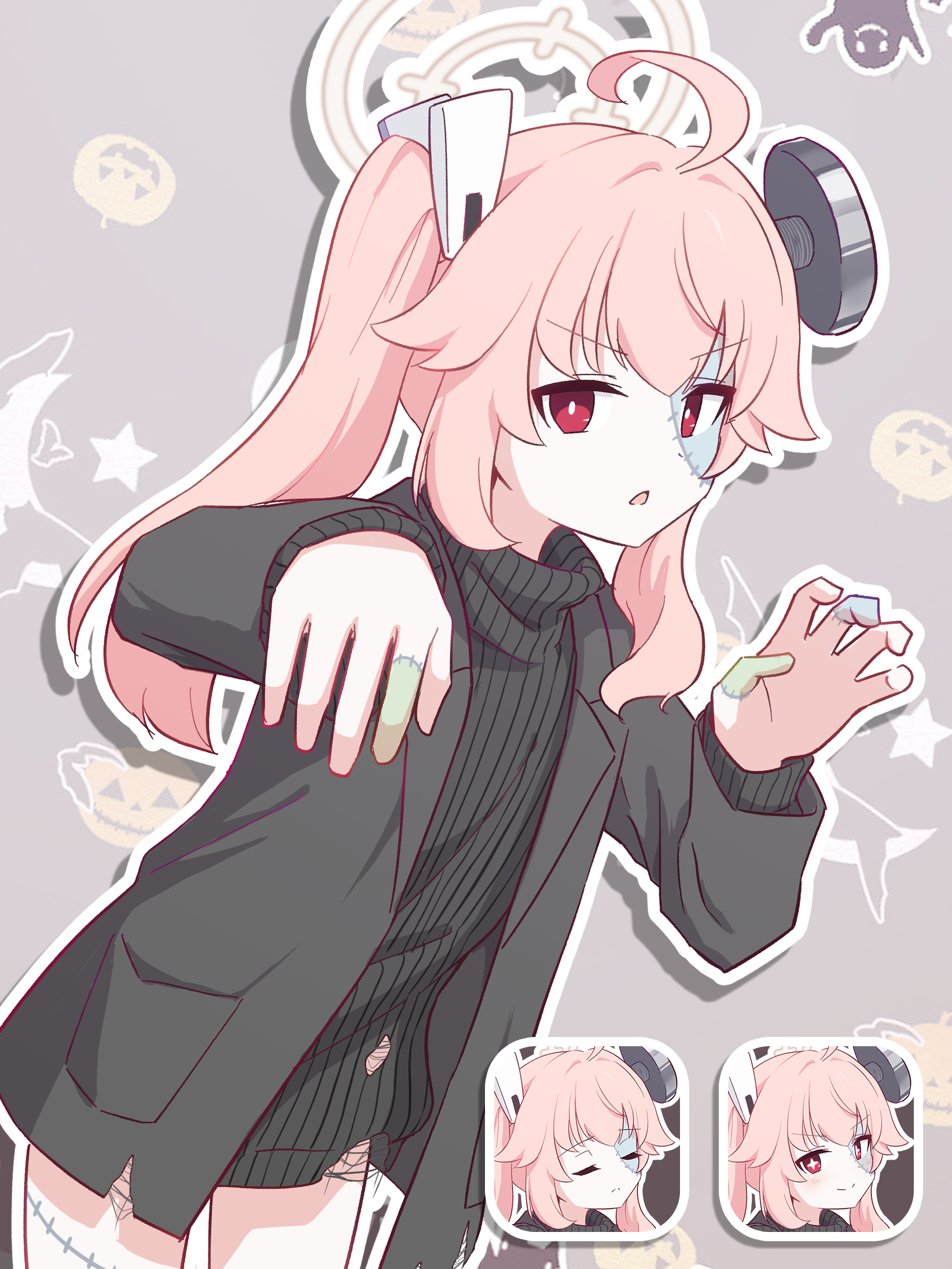 1girl black_jacket black_sweater blue_archive claw_pose halo highres jacket kyousuke_(orcein) long_sleeves multiple_expressions natsu_(blue_archive) natsu_(halloween)_(blue_archive) open_mouth pink_hair side_ponytail sweater yellow_halo