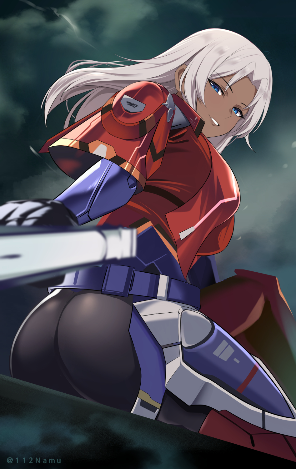 1girl armor ass black_pants blue_eyes dark-skinned_female dark_skin elma_(xenoblade_x) highres jacket long_hair looking_at_viewer looking_down namu_(112namu) pants red_jacket smile white_hair xenoblade_chronicles_(series) xenoblade_chronicles_x
