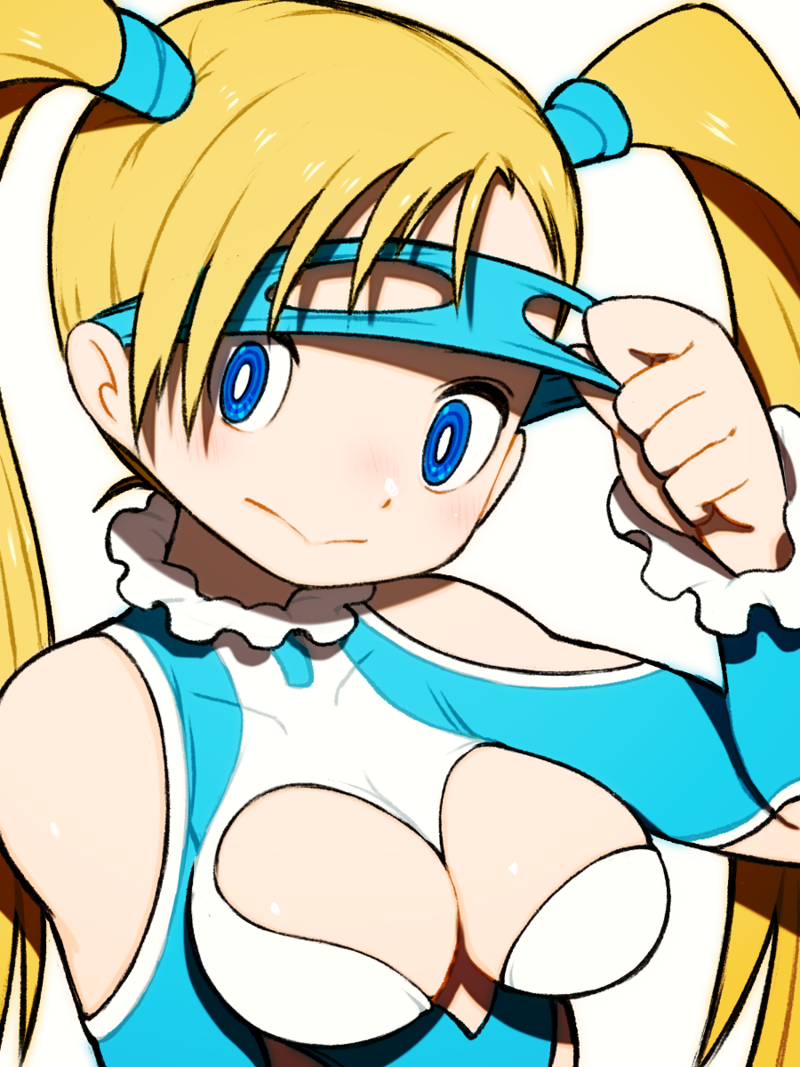 1girl :&gt; bare_shoulders beeru_(veil8801) blonde_hair blue_eyes breasts bright_pupils cleavage cleavage_cutout closed_mouth clothing_cutout covered_collarbone eye_mask highres mask_lift medium_breasts rainbow_mika shoulder_cutout simple_background smile solo street_fighter twintails upper_body white_background white_pupils wrestling_mask wrestling_outfit