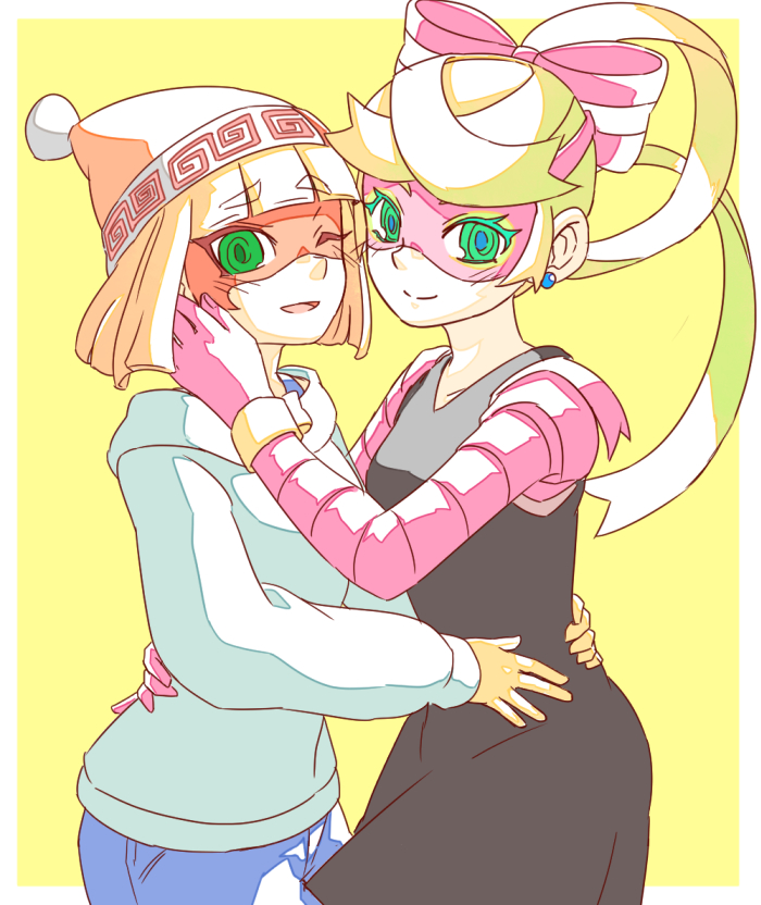 2girls alternate_costume arms_(game) beanie blonde_hair blush casual couple denim domino_mask dress earrings green_eyes hat hitohito hood hoodie hug jeans jewelry looking_at_viewer mask min_min_(arms) multiple_girls nintendo one_eye_closed open_mouth pants ribbon_girl_(arms) smile standing yellow_background yuri
