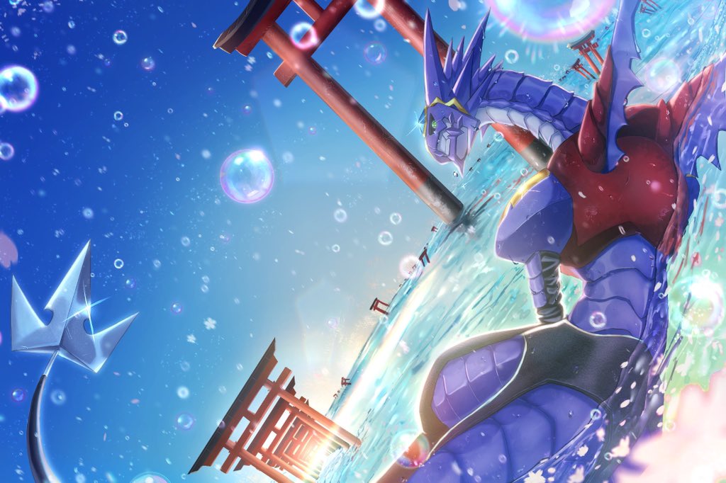 arresterdramon blue_sky colored_skin digimon digimon_(creature) digimon_xros_wars digimon_xros_wars:_toki_wo_kakeru_shounen_hunter-tachi dragon from_behind green_eyes hokanko0 looking_at_viewer looking_back partially_submerged purple_skin purple_wings red_vest sky solo spiked_tail tail torii vest water water_drop wings