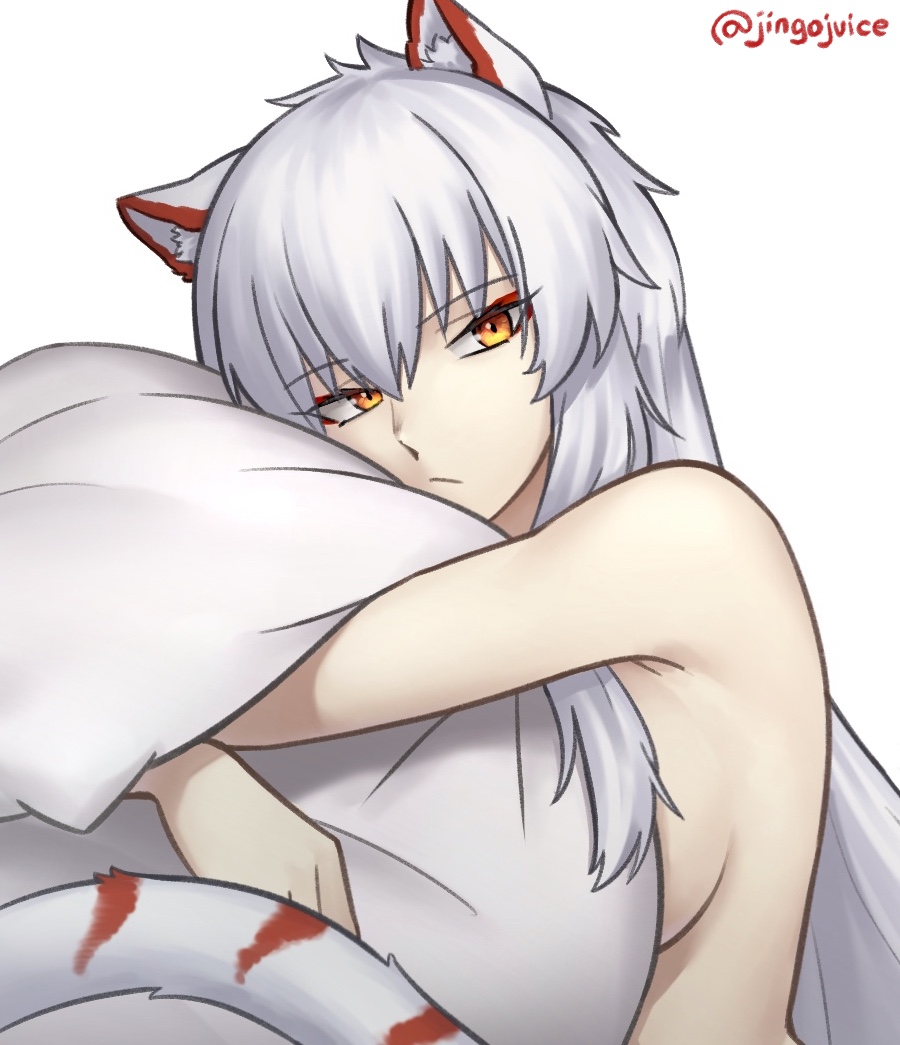 1girl animal_ear_fluff animal_ears armpit_crease azur_lane breasts closed_mouth eyeliner hugging_object hyuuga_(azur_lane) jingojuice long_hair looking_at_viewer makeup medium_breasts nude orange_eyes pillow red_eyeliner sideboob simple_background solo tail tiger_ears tiger_girl tiger_tail twitter_username upper_body white_background white_hair
