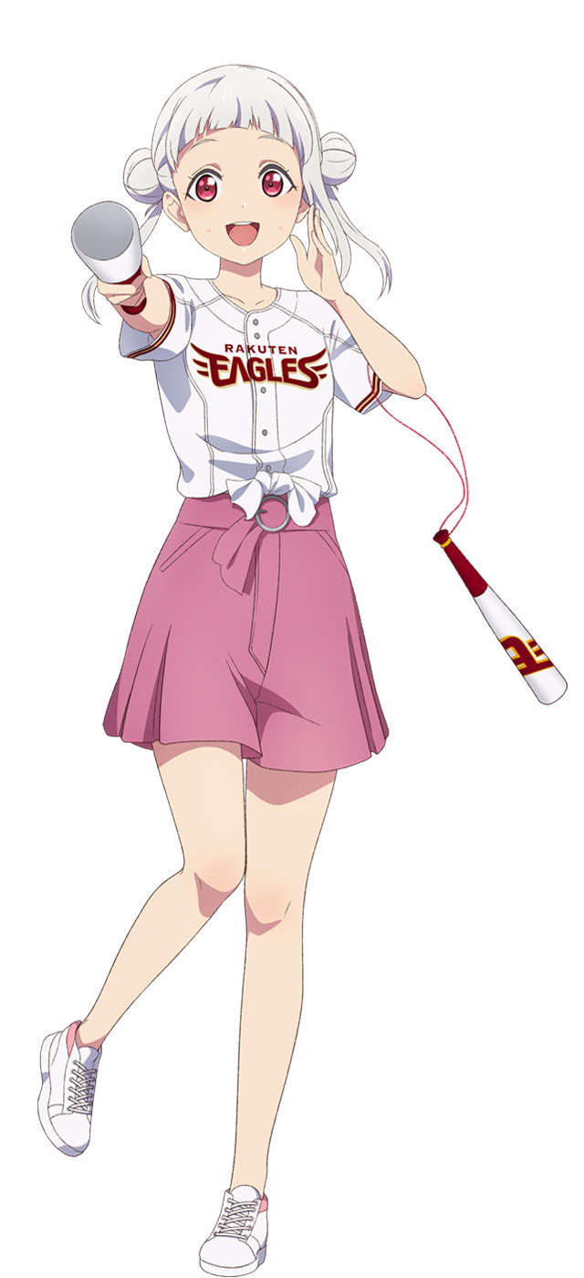 1girl :d anime_coloring arashi_chisato arched_bangs arm_up baseball blush buckle double_bun elbow_carry full_body hair_bun hand_up highres holding leg_up looking_at_viewer love_live! love_live!_superstar!! megaphone nippon_professional_baseball no_socks official_art open_hand open_mouth pigeon-toed pink_skirt red_eyes shirt shoes short_sleeves simple_background skirt smile solo standing standing_on_one_leg tareme teeth tied_shirt touhoku_rakuten_golden_eagles upper_teeth_only white_background white_hair white_shoes