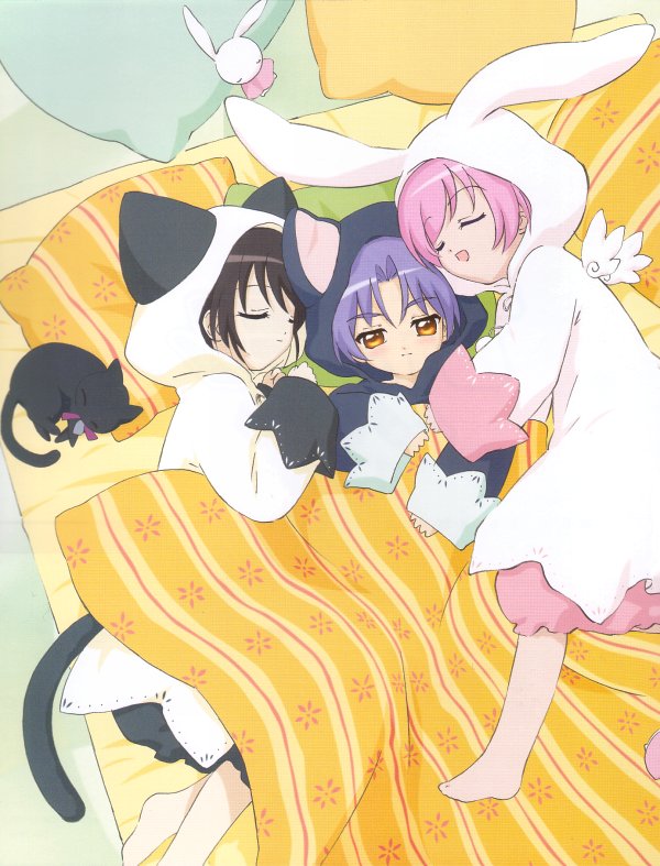 1boy 2girls animal animal_costume animal_ears barefoot black_cat blanket rabbit_costume rabbit_ears cat cat_costume cat_ears cat_tail closed_eyes from_above higuchi_kotarou lying misha misha_(pita_ten) multiple_girls nyaa-san on_back on_side orange_eyes pajamas pillow pink_hair pita_ten purple_hair shia shia_(pita_ten) sleeping stuffed_animal stuffed_rabbit stuffed_toy tail wings