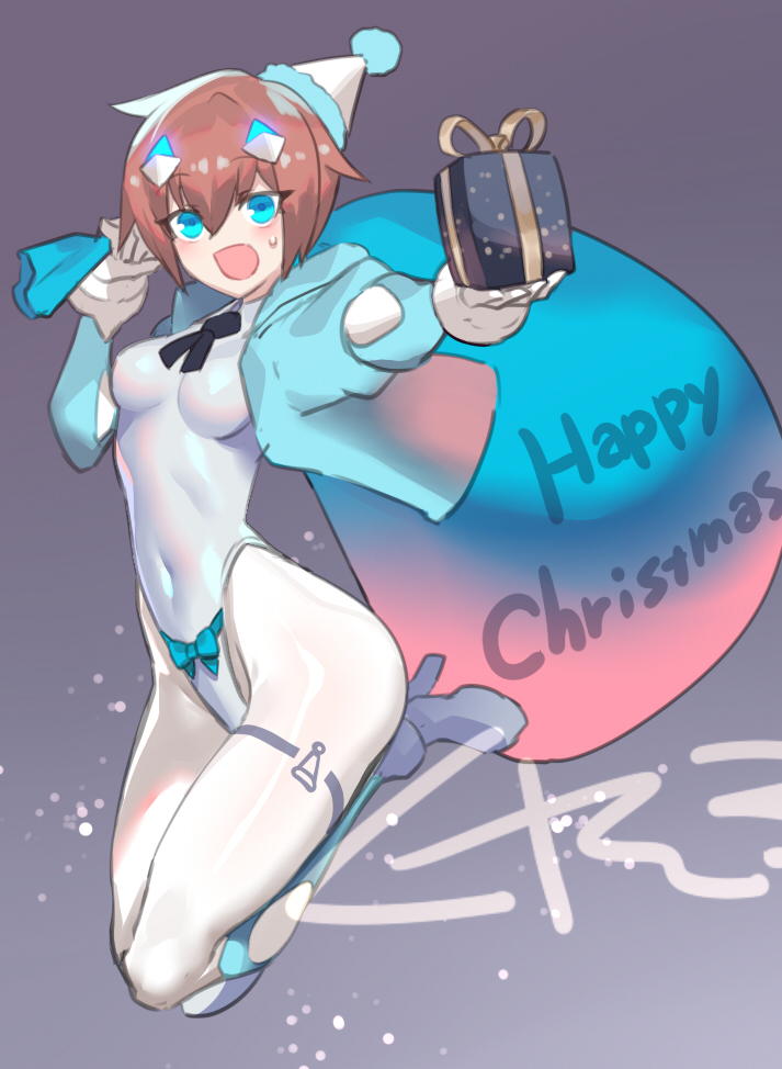 1girl bag blue_eyes blue_jacket breasts brown_hair christmas cropped_jacket full_body gift grey_background hat holding holding_bag holding_gift horome_(ukimukai) jacket leotard original short_hair simple_background small_breasts solo ukimukai white_hat white_leotard