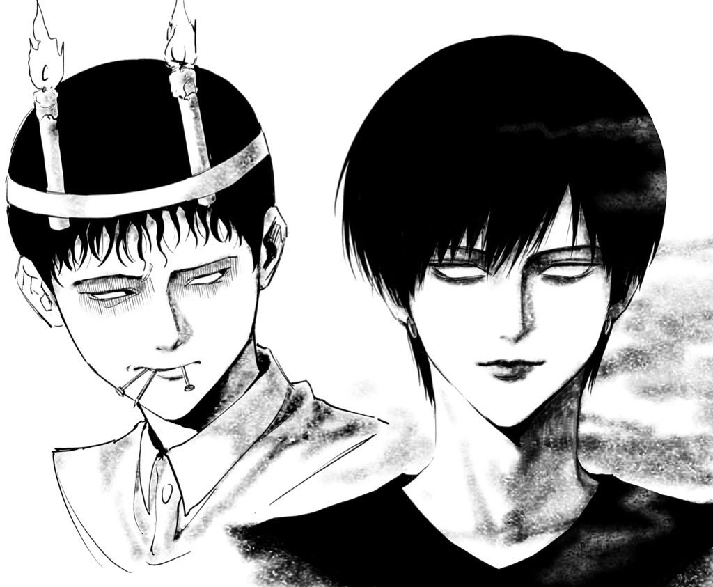 2boys black_hair blank_eyes candle fire greyscale itou_junji_kyoufu lips male_focus monochrome multiple_boys nail_(hardware) short_hair sso_s tsujii_souichi yotsutsuji_no_bishounen yotsutsuji_no_bishounen_(character)