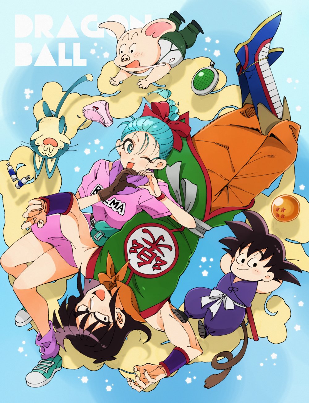1girl 3boys aqua_hair belt_pouch boots bulma child cloud commentary dragon_ball dragon_ball_(object) full_body highres jumpsuit looking_at_viewer multiple_boys nymrmc one_eye_closed oolong panties pork pouch puar purple_jumpsuit rabbit sleeveless smile son_goku tail underwear upside-down wrist_guards yamcha