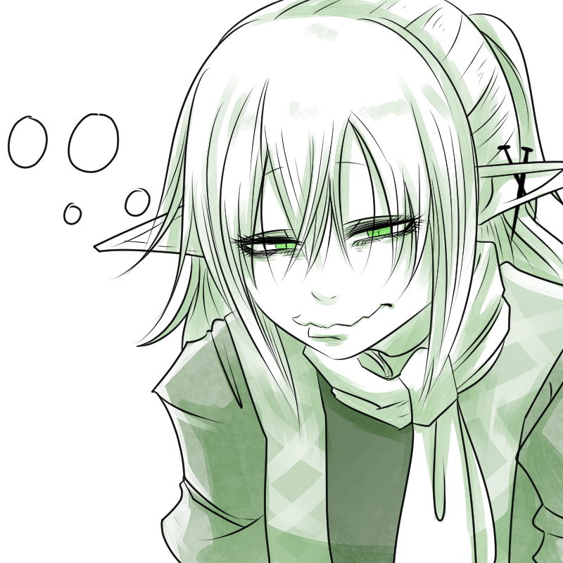 1girl bags_under_eyes closed_mouth commentary_request green_eyes green_theme hair_between_eyes half_updo long_bangs mizuhashi_parsee monochrome nail_(hardware) scarf sei_no_ji shirt short_hair simple_background smile solo spiked_ear_piercing touhou upper_body wavy_mouth