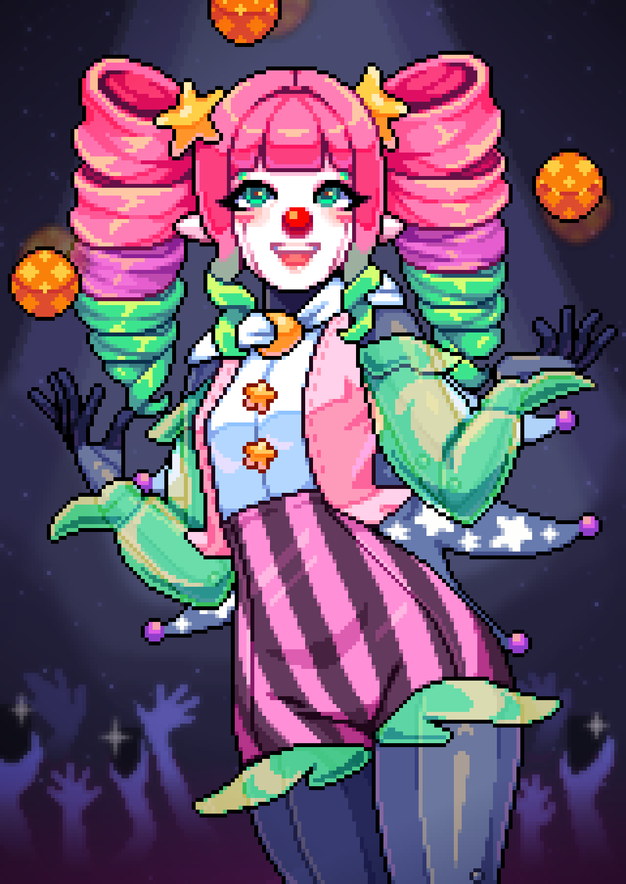 1girl borrowed_character breasts clown_nose commentary commission crowd drill_hair english_commentary green_eyes green_hair highres looking_at_viewer multicolored_hair open_mouth original pantyhose pink_hair pixel_art pointy_ears purple_hair small_breasts solo_focus star_(symbol) twin_drills wide_hips yumykon