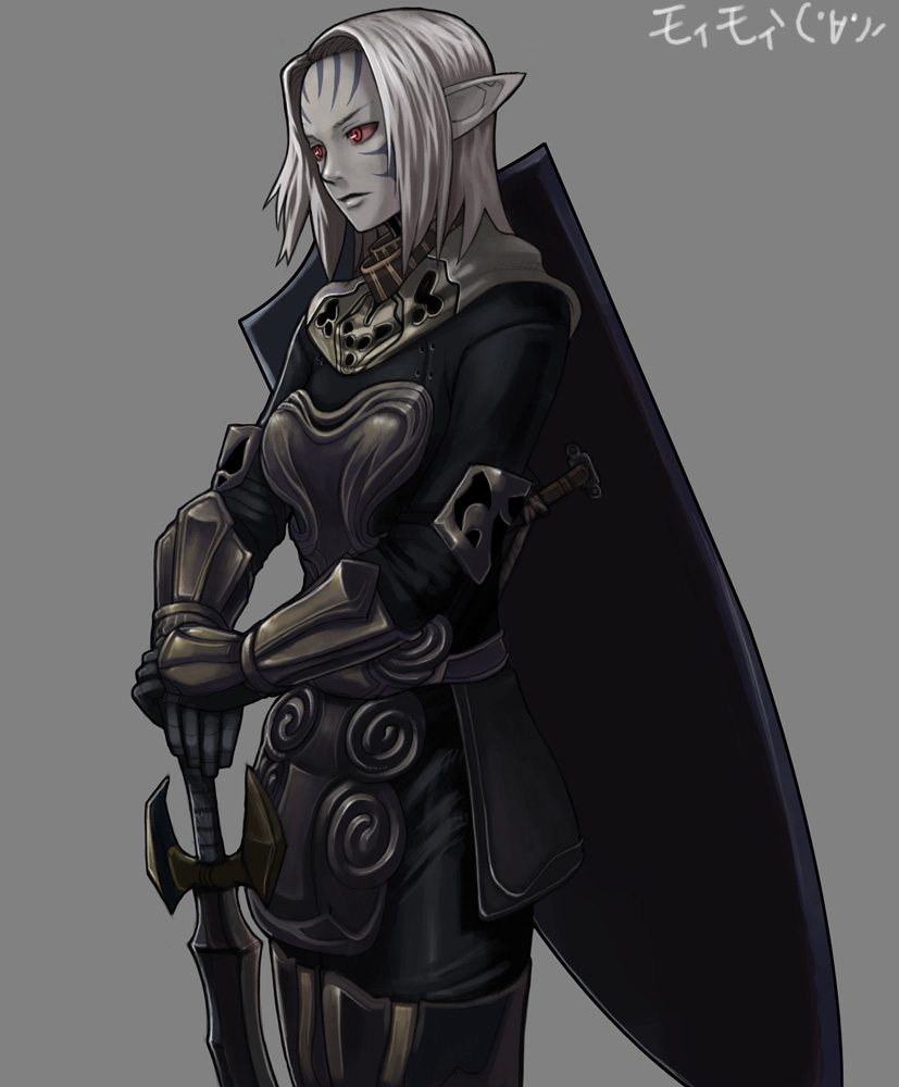 00s 1girl ark_angel ark_angel_ev armor colored_skin dark_elf elf elvaan female_focus final_fantasy final_fantasy_xi grey_skin masn_(moxi) pointy_ears red_eyes shield solo sword translation_request weapon white_hair