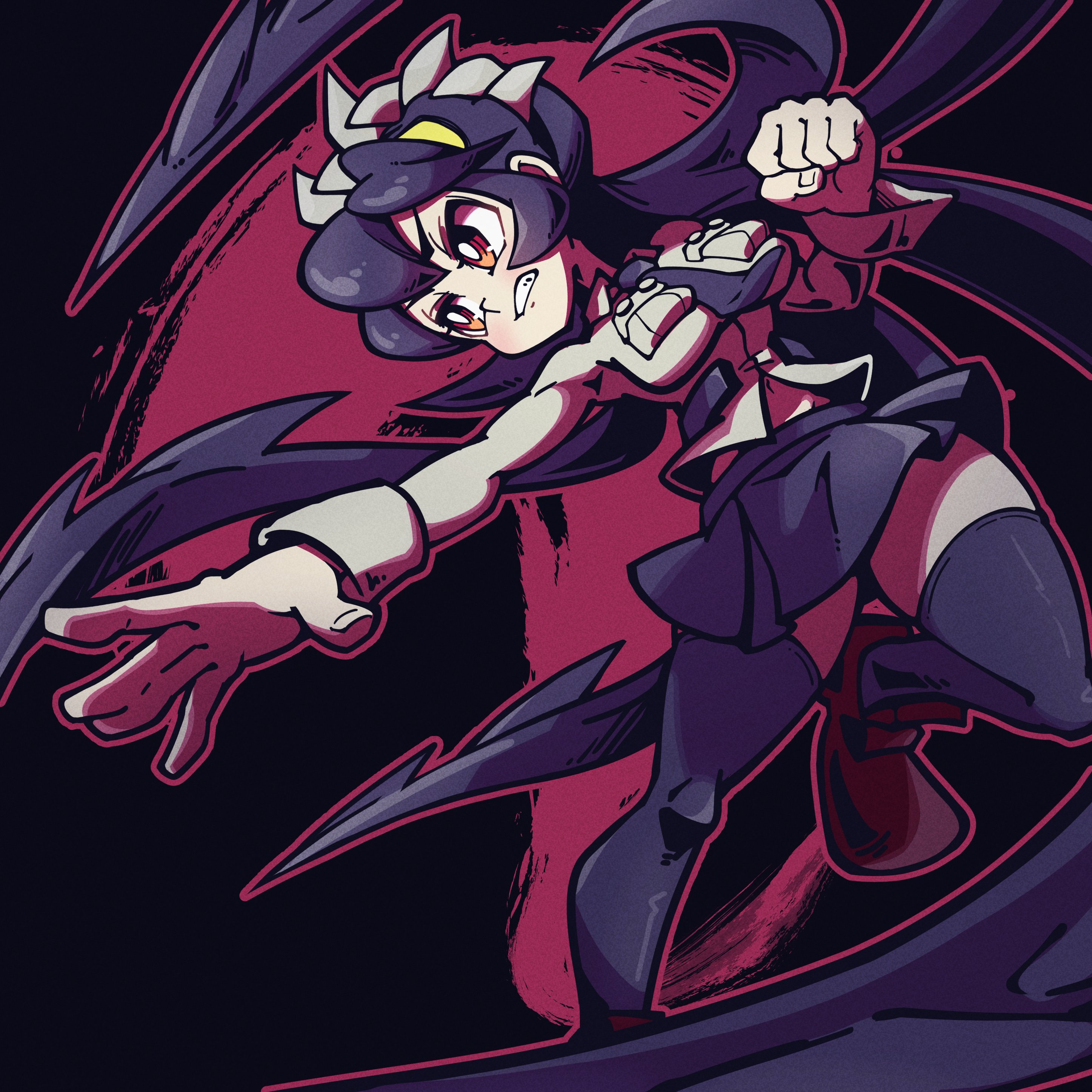 1girl absurdres black_background bright_pupils clenched_hand clenched_teeth fighting_stance filia_(skullgirls) highres necktie onozawa_(buresu21) outstretched_arm pleated_skirt red_background red_eyes school_uniform skirt skullgirls solo teeth thighhighs white_pupils