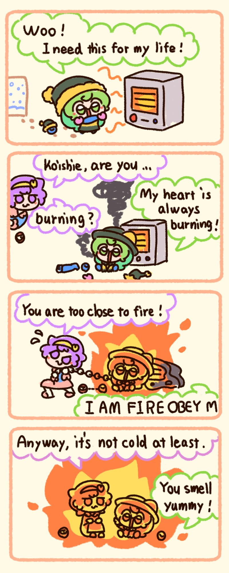 2girls 4koma :s burning comic commentary english_commentary english_text fire green_eyes green_hair heart highres komeiji_koishi komeiji_satori multiple_girls numenoko pink_eyes pink_hair radiator siblings sisters snowing speech_bubble tan_tan_pou third_eye touhou winter_clothes