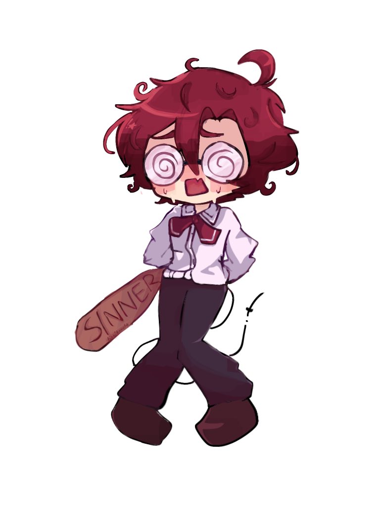 1boy @_@ ahoge alternate_costume arms_behind_back black_pants blush bow chibi commentary confessions_of_a_rotten_girl_(vocaloid) english_commentary full_body glasses holostars holostars_english looking_at_viewer machina_x_flayon male_focus neck_ribbon open_mouth pants red_hair red_ribbon ribbon rinnikoma school_uniform shirt short_hair simple_background solo sweat virtual_youtuber white_background white_shirt yaoi_paddle