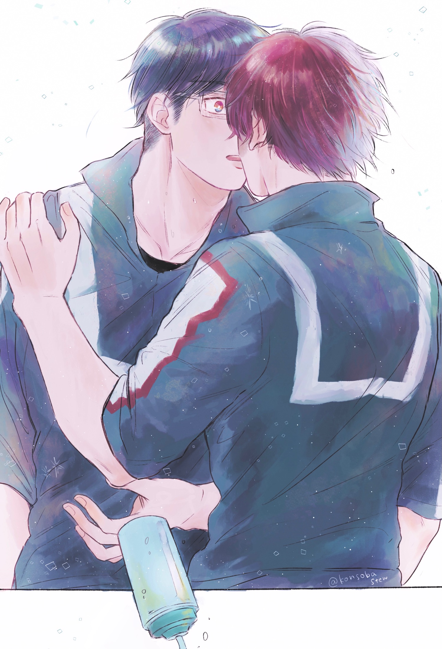 2boys adam's_apple black_hair blue_shirt boku_no_hero_academia bottle bright_pupils collarbone hand_on_another's_shoulder highres iida_tenya kiss konsobastew male_focus multicolored_hair multiple_boys open_mouth rectangular_eyewear red_eyes shirt short_hair split-color_hair surprised todoroki_shoto twitter_username water_bottle white_background white_pupils yaoi