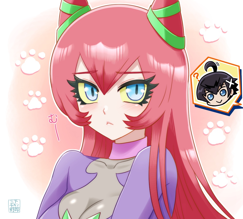 1boy 1girl ? black_hair blue_eyes blush choker double_bun eyelashes hair_bun long_hair looking_at_viewer nyandestar_(yu-gi-oh!) paw_print pink_choker red_hair smile sougetsu_manabu yhx5f2kuond0ddi yu-gi-oh! yu-gi-oh!_go_rush!!
