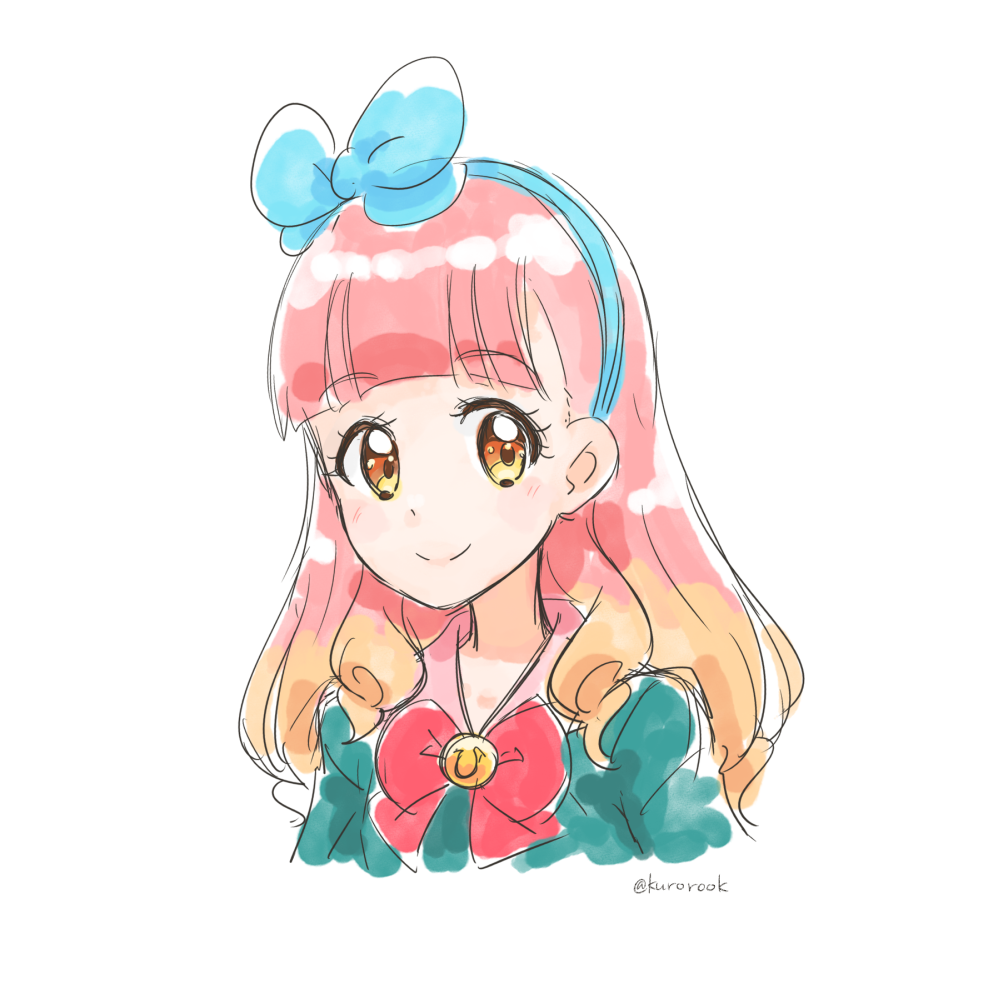 1girl aikatsu!_(series) aikatsu_friends! aqua_dress blue_bow blue_hairband blunt_bangs blush bow bowtie closed_mouth commentary cropped_torso dress drill_hair gradient_hair hair_bow hair_over_shoulder hairband kurorook long_hair looking_at_viewer multicolored_hair orange_hair pink_hair pink_lips pink_sailor_collar portrait red_bow red_bowtie sailor_collar school_uniform sideways_glance sketch smile solo star_harmony_academy_school_uniform twitter_username yuki_aine