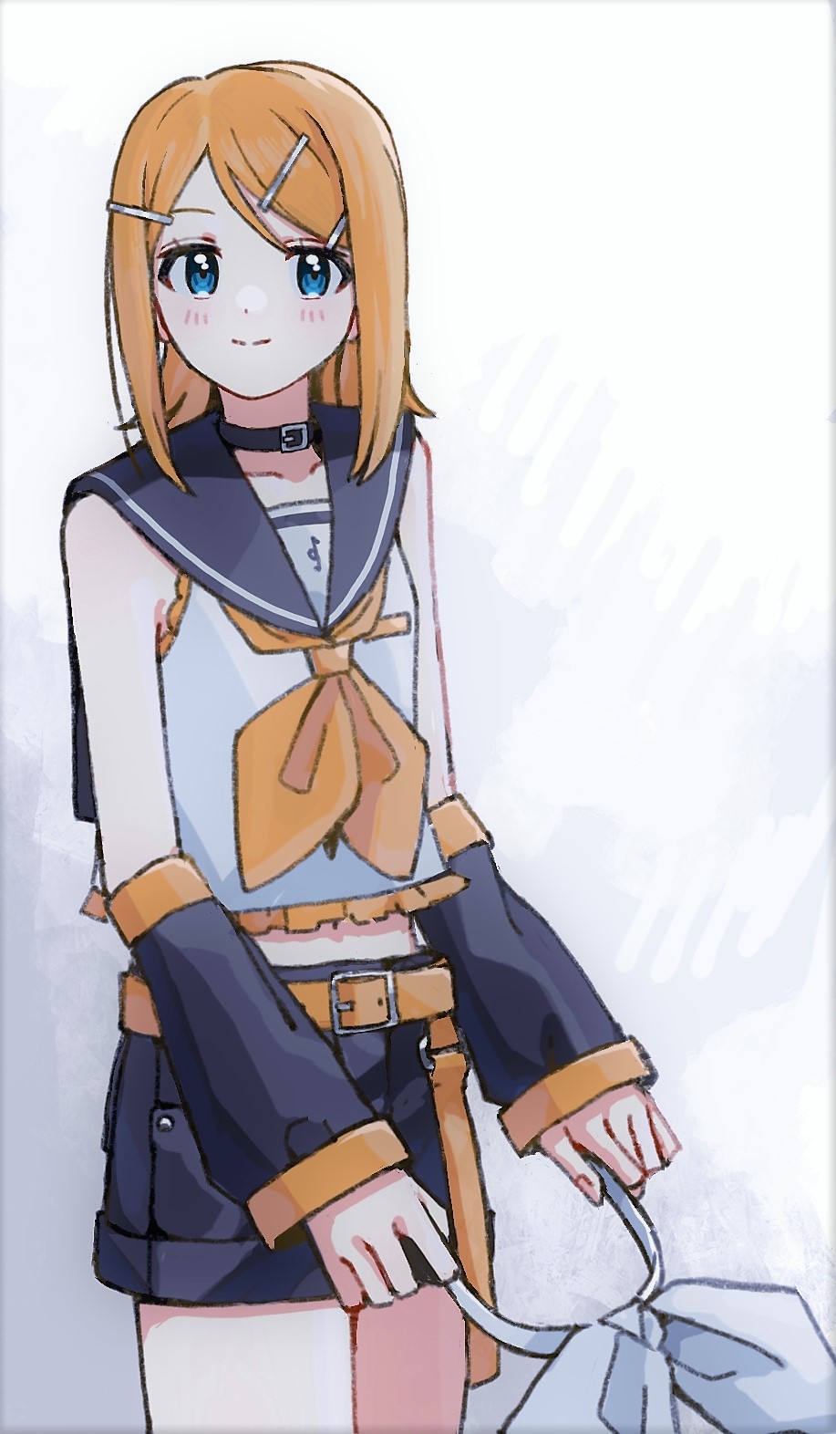 1girl belt black_choker black_sailor_collar black_shorts blonde_hair blue_eyes bow choker collarbone cowboy_shot detached_sleeves hair_bow unworn_hair_bow hair_ornament hairclip headphones headphones_removed headset headset_removed highres holding holding_headphones kagamine_rin keylow leg_warmers light_blush looking_at_viewer midriff navel neckerchief sailor_collar shorts smile treble_clef vocaloid white_bow yellow_belt yellow_neckerchief