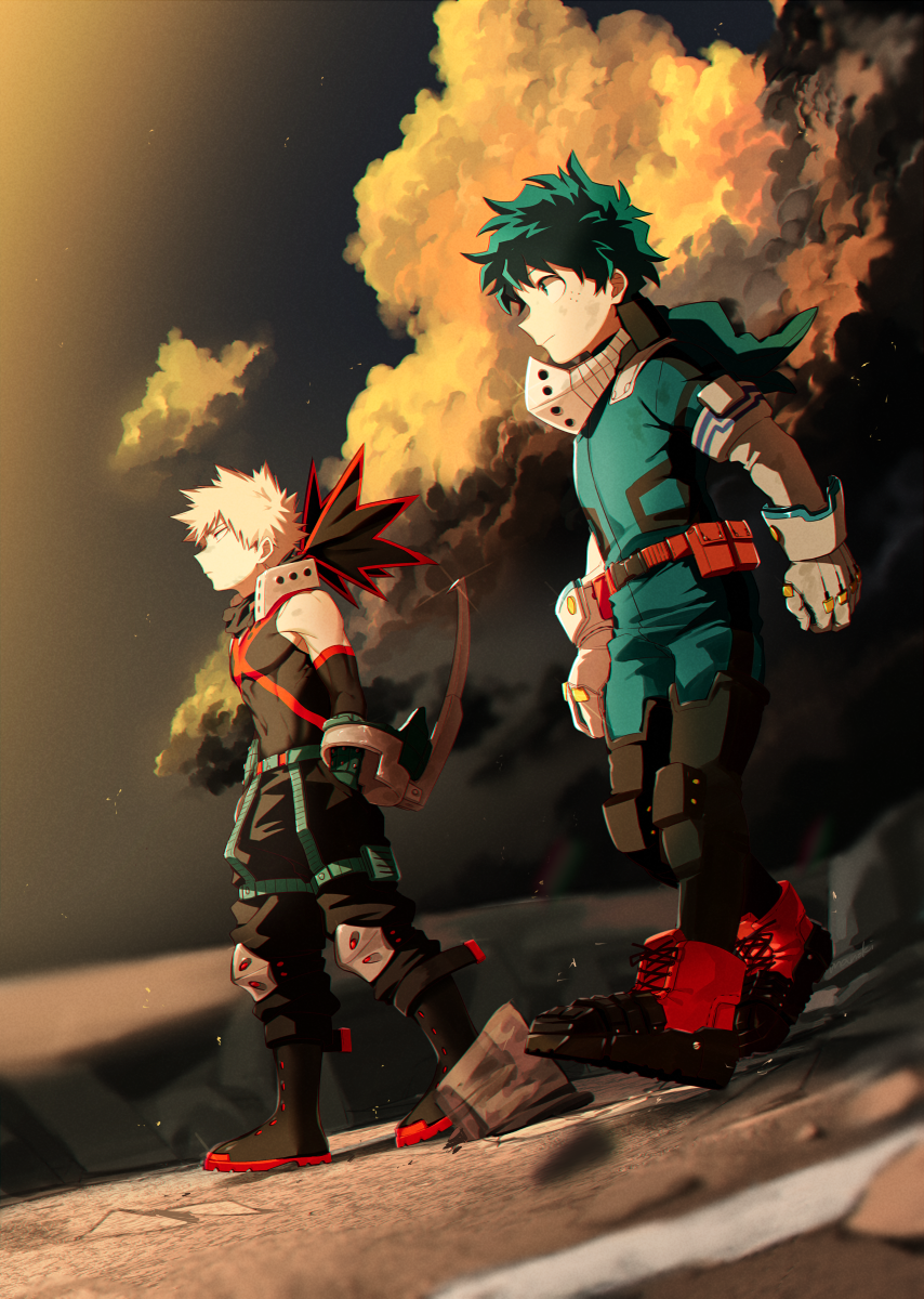 2boys arms_at_sides bakugou_katsuki bare_shoulders belt belt_pouch black_cloud black_clouds black_footwear black_mask black_pants black_tank_top blonde_hair blurry blurry_background blurry_foreground bodysuit boku_no_hero_academia boots buckle chromatic_aberration clenched_hands closed_mouth cloud cloudy_sky colored_shoe_soles combat_boots commentary_request covered_navel cross-laced_footwear depth_of_field detached_sleeves dirty dirty_clothes dirty_face dutch_angle eye_mask film_grain freckles from_side full_body gloves green_bodysuit green_eyes green_hair hands_in_pockets headgear heavy_chromatic_aberration highres knee_boots knee_pads light looking_ahead male_focus maneki-neko_(fujifuji) mask mask_around_neck midoriya_izuku multiple_boys outdoors pants partial_commentary pouch profile red_belt rock scratches shadow short_hair sidelighting sideways_mouth sky sleeveless snap-fit_buckle spiked_hair sunlight tank_top toned toned_male utility_belt v-neck walking white_gloves wrist_guards x yellow_clouds
