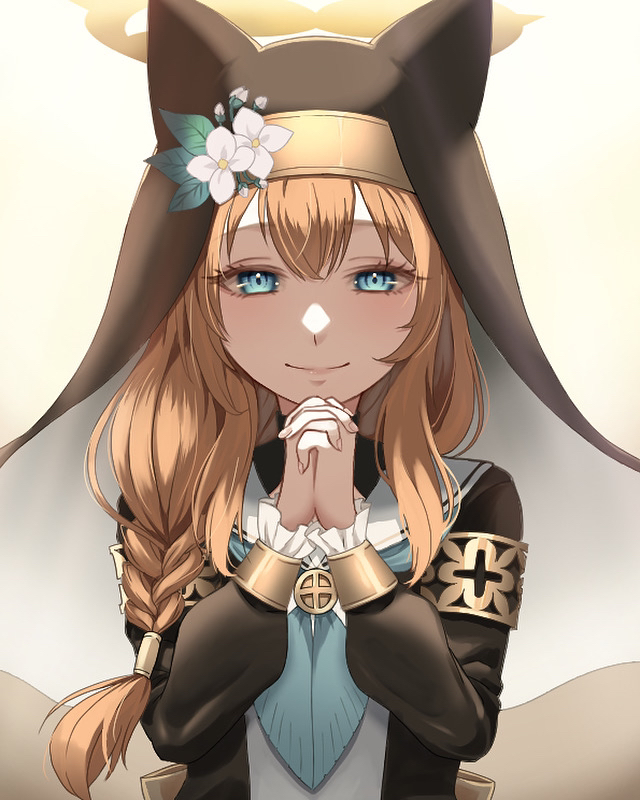 1girl blue_archive blue_eyes commission flower habit hat hat_flower long_hair looking_at_viewer mari_(blue_archive) nagi-negitoro nun own_hands_clasped own_hands_together skeb_commission solo straight-on