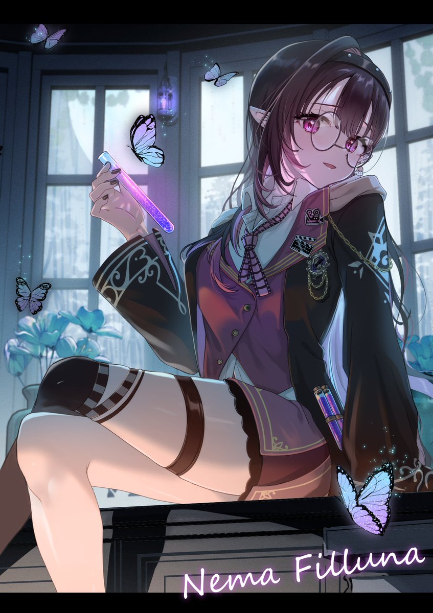1girl brown_hair bug butterfly character_name colored_inner_hair crossed_legs desk first_stage_production highres holding holding_vial insect legs looking_at_viewer loose_necktie multicolored_hair necktie nema_filluna on_desk parted_lips pink_eyes pink_hair pointy_ears sannai_irito single_thighhigh sitting solo thigh_strap thighhighs vial