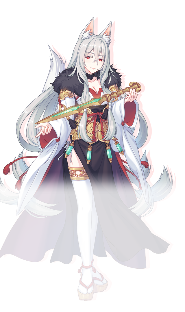 1girl animal_ear_fluff animal_ears black_choker black_dress breasts choker cleavage closed_mouth collarbone crossed_bangs detached_sleeves dress drop_shadow fox_ears fox_girl fox_tail full_body fur_collar grey_hair hair_between_eyes holding holding_weapon long_hair looking_at_viewer mole mole_under_eye official_art platform_sandals princess_connect! red_eyes sandals senri_mana side_slit simple_background sleeveless sleeveless_dress smile solo standing strapless strapless_dress tachi-e tail tail_raised thighhighs transparent_background two-tone_dress very_long_hair weapon white_sleeves white_thighhighs wide_sleeves