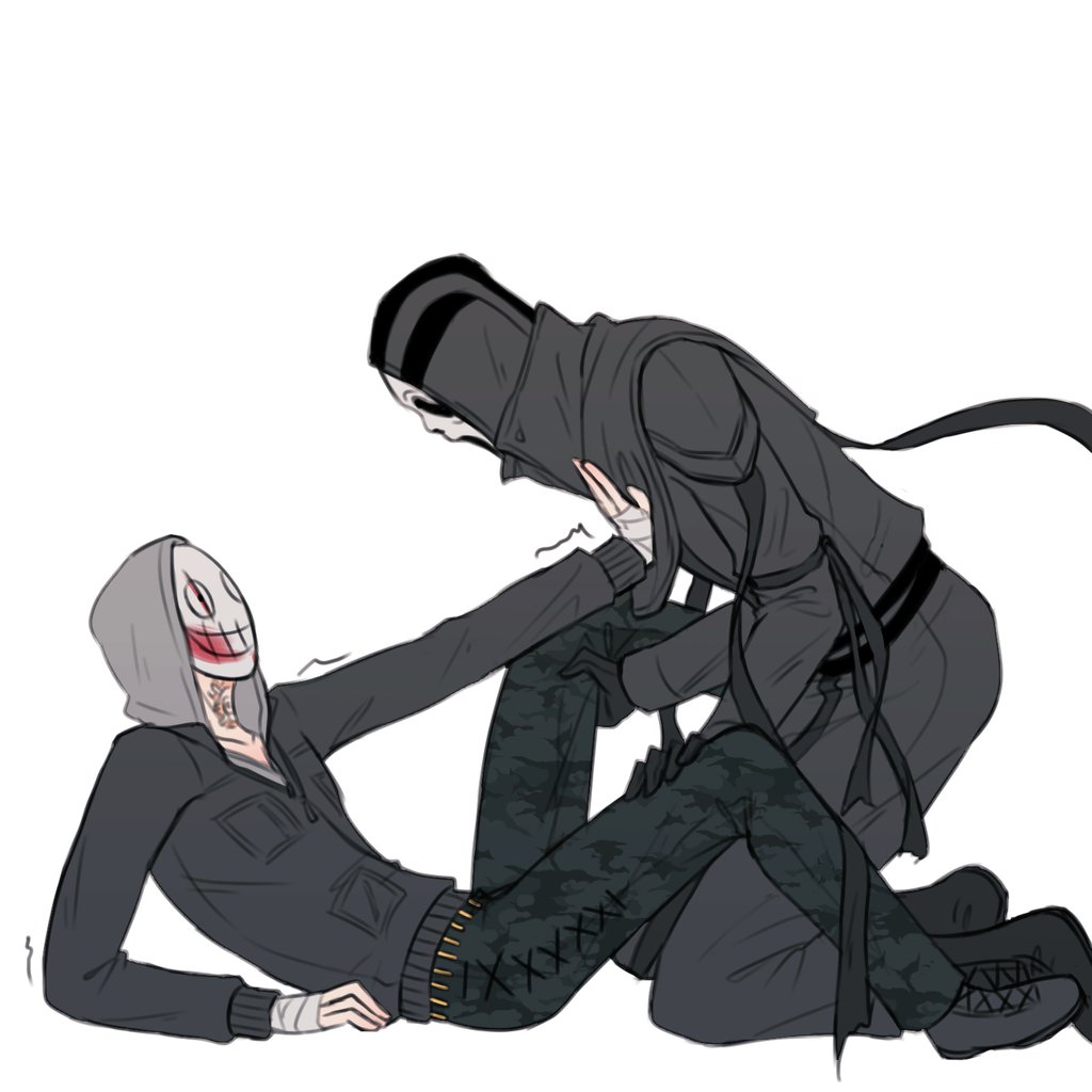 2boys bandaged_hand bandages black_footwear black_gloves black_hood black_pants black_shirt collared_shirt commentary_request cross-laced_footwear dead_by_daylight ghostface gloves hand_on_another&#039;s_chest hand_on_another&#039;s_leg hood hood_up hoodie kneeling korean_commentary leaning leaning_forward long_sleeves lying male_focus mask motion_lines multiple_boys on_back pants popped_collar scream_(movie) shirt simple_background the_legion_(dead_by_daylight) trembling user_ezht7444 white_background yaoi