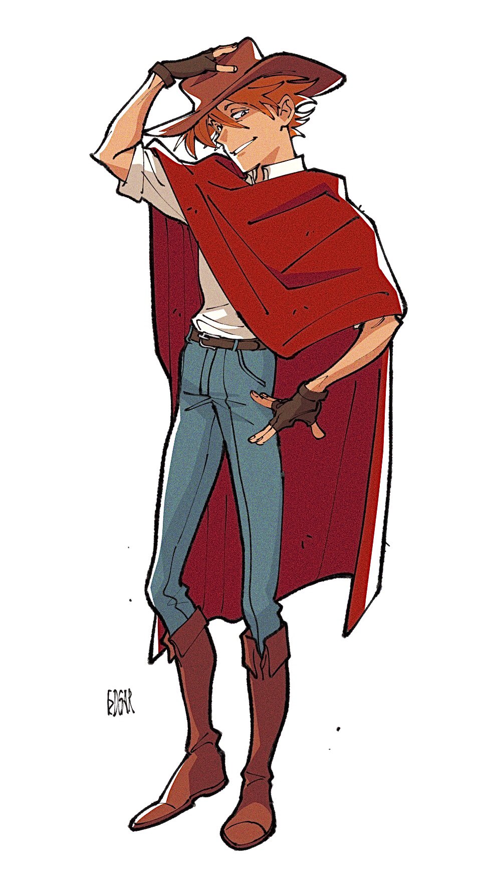 1boy adjusting_clothes adjusting_headwear blue_pants boots brown_boots brown_hat cape cowboy cowboy_boots cowboy_hat cowboy_western denim fingerless_gloves full_body gloves hat highres humanization jeans looking_at_viewer male_focus pants red_cape robin_hood_(disney_character) robin_hood_(disney_movie) shirt simple_background solo uochandayo western white_background white_shirt