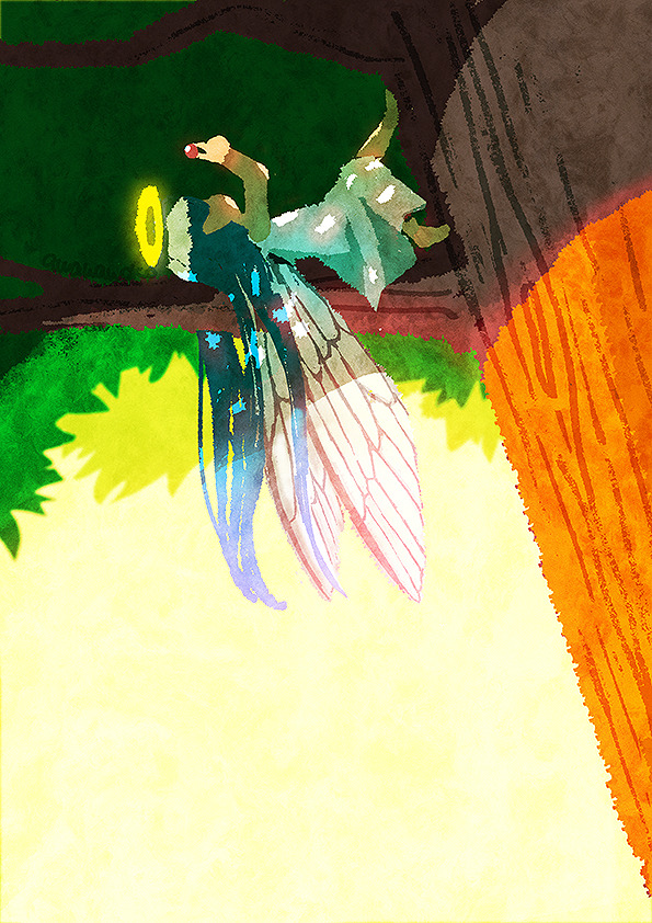 1girl angel aqua_hair artist_name awakawako branch dappled_sunlight dress dutch_angle faceless faceless_female female_focus from_side halo holding insect_wings oversized_wings leaf looking_at_object lying marble on_back original shade sky solo sunlight tree tree_shade white_dress wings yellow_sky