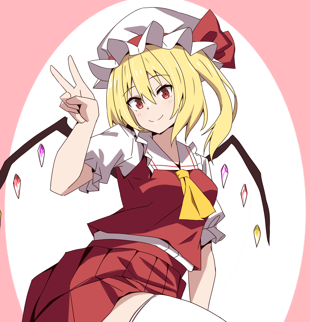 1girl ascot blonde_hair breasts closed_mouth collared_shirt commentary_request crystal crystal_wings flandre_scarlet frilled_shirt_collar frills hat hat_ribbon looking_at_viewer mob_cap multicolored_wings one_side_up pleated_skirt puffy_short_sleeves puffy_sleeves red_eyes red_skirt red_vest ribbon shirt short_sleeves skirt skirt_set smile solo thighhighs touhou to~fuya v vest white_hat white_shirt white_thighhighs wings yellow_ascot