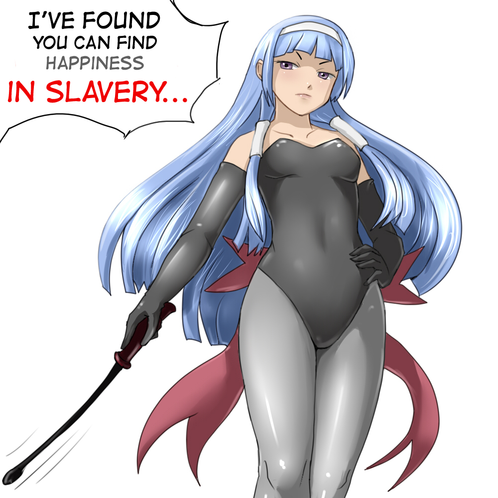 &gt;:| 00s 1girl :| angry bare_shoulders bdsm black_gloves blue_hair blunt_bangs bow breasts closed_mouth covered_navel cowboy_shot cropped_legs dominatrix elbow_gloves english_text female_focus gloves grey_pantyhose hair_tubes hairband hand_on_own_hip happiness_in_slavery holding huyase kannagi leotard long_hair looking_down motion_lines nagi nine_inch_nails pantyhose purple_eyes riding_crop self-upload sidelocks simple_background small_breasts solo speech_bubble speed_lines standing v-shaped_eyebrows very_long_hair white_background