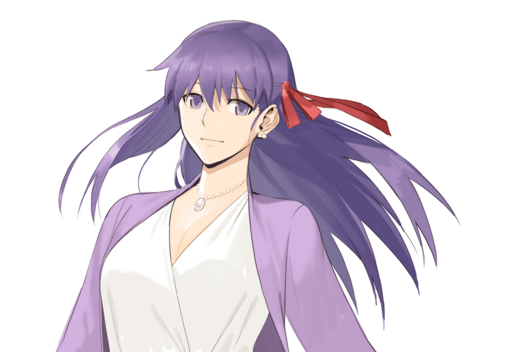 1girl breasts cleavage coat dress ear_piercing earrings fate/stay_night fate_(series) gomtang jewelry long_dress long_hair looking_at_viewer matou_sakura necklace piercing purple_eyes purple_hair ribbon simple_background smile solo upper_body white_background