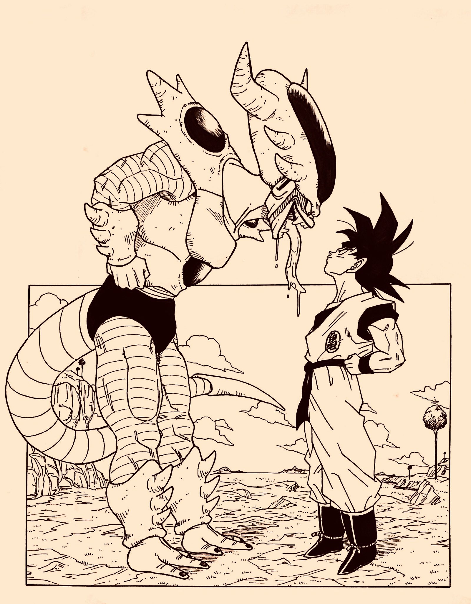 2boys 3rd_form_frieza cloud dougi dragon_ball dragonball_z eye_contact frieza hands_on_own_hips height_difference highres lee_(dragon_garou) long_tongue looking_at_another male_focus monochrome multiple_boys muscular parody saliva son_goku spikes tail tongue tongue_out tree wristband