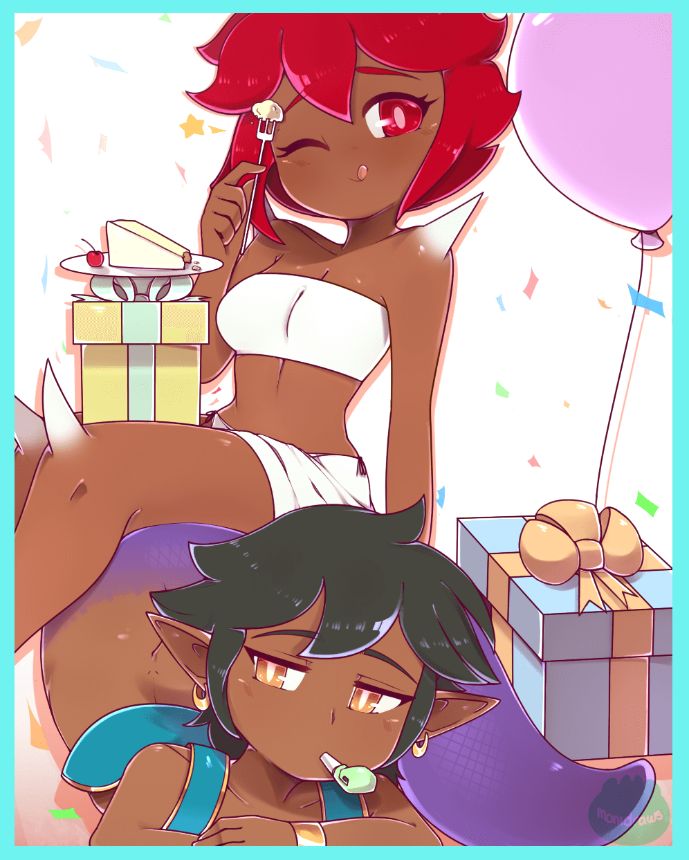 2girls ;q artist_name balloon bare_shoulders black_hair blue_border border borrowed_character box brown_eyes cake cherry commentary confetti dark-skinned_female dark_skin demon_girl doom_(series) earrings english_commentary food fork fruit gift gift_box hdoom highres imp_(doom) imp_tan jewelry lamia looking_at_viewer monimochi monster_girl mouth_hold multiple_girls one_eye_closed party_horn plate pointy_ears red_eyes red_hair short_hair sitting smile spikes tongue tongue_out