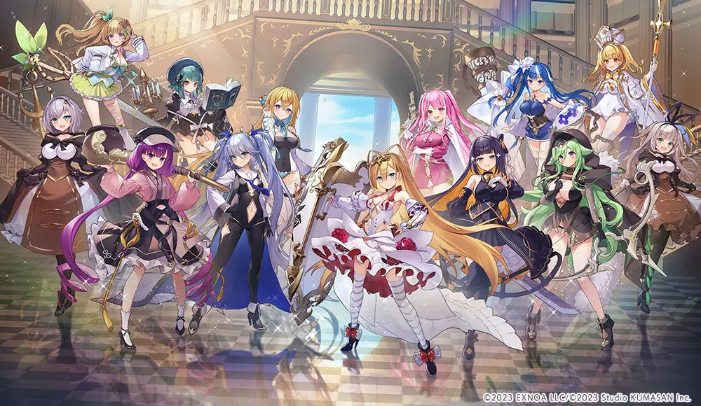 2023 6+girls anchor aqua_hair armor arte_(girls_creation) black_hair black_thighhighs blonde_hair blue_eyes blue_hair book boots bracelet breasts brown_hair cezanne_(girls_creation) chandelier character_request detached_sleeves donatello_(girls_creation) dress game_cg girls_creation green_hair grey_hair gun hand_on_own_hip hat high_heels holding holding_weapon hood ingres_(girls_creation) jewelry large_breasts leggings long_hair medium_breasts michelangelo_(girls_creation) multiple_girls navel pink_eyes pink_hair ponytail priestess purple_eyes purple_hair raphael_(girls_creation) reflective_floor rembrandt_(girls_creation) rodin_(girls_creation) scissors sekien_(girls_creation) shield shoes skirt smile stab stairs sword thighhighs twintails v weapon white_thighhighs