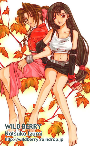 2girls aerith_gainsborough artist_name autumn_leaves bad_id bandaged_hand bandages barefoot belt black_hair black_skirt bracer branch brown_hair commentary_request crop_top cropped_jacket curly_hair dress earrings elbow_gloves final_fantasy final_fantasy_vii fingerless_gloves floating_earrings full_body gloves grin hair_ribbon hair_tie invisible_chair izumi_natsuka jacket jewelry layered_gloves leaf locked_arms long_hair looking_at_viewer low-tied_long_hair miniskirt multiple_girls navel one_eye_closed parted_bangs pink_dress pink_ribbon ponytail red_eyes red_gloves red_jacket ribbon shirt sidelocks sitting skirt smile suspenders tank_top tifa_lockhart white_shirt white_tank_top