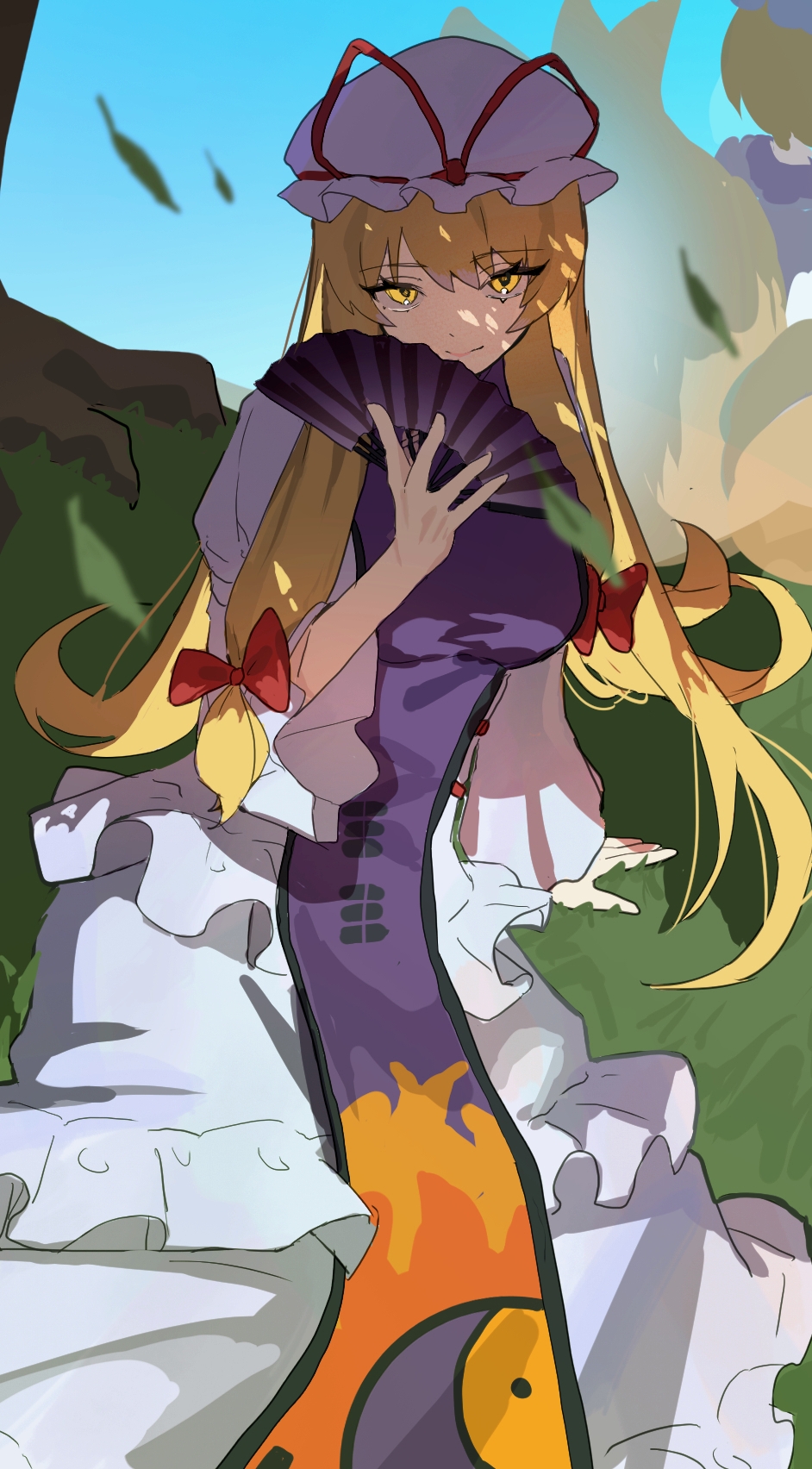 2girls blonde_hair dress fox_tail frills hair_ribbon hand_fan hat highres holding holding_fan imkooooww leaf light_smile long_hair long_sleeves looking_at_viewer medium_hair mob_cap multiple_girls multiple_tails purple_tabard ribbon sitting tabard tail touhou tree under_tree white_dress yakumo_ran yakumo_yukari yellow_eyes